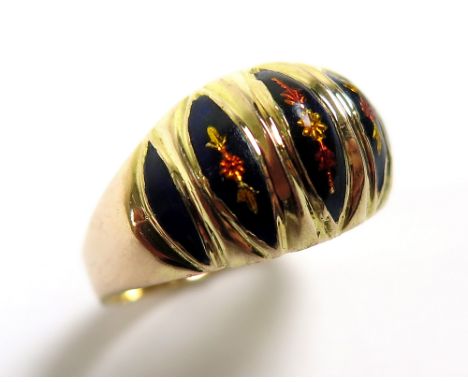 Yellow Metal (tests as 18ct) Ring with Floral enamel panels size Q weight 2.8 grams