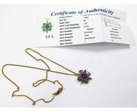 9ct Gold Amethyst and Alexandrite Gold pendant on a fine 9ct Chain weight 5.2 grams