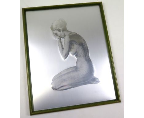 Framed bas-relief of a nude woman on an aluminium plate, signed Cassinari Vettor M (Marcello), picure size H:49cm x W:39cm. 