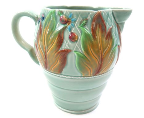 Clarice Cliff water jug with moulded foliate decoration, '41A' stamped to base, height 19.2cm approx.
