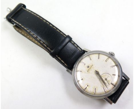 Gents Zenith stainless steel cased wristwatch, cream dial with baton numerals on a replacement leather strap.