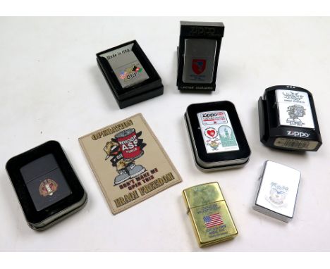 Zippo. Seven USA related, incl. Whoop Ass Camp Striker, British Forces Belize Central America, Operation Desert Storm, Belize