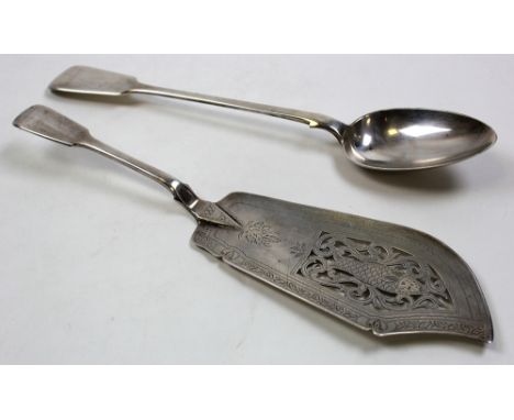 Silver fish slice and serving spoon, Hallmarked ‘London 1856 & 1857’ respectively, weight 9.8 ounces approx..