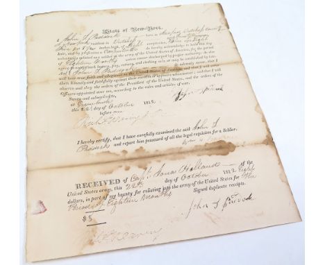 US Army State of New York enrollment letter for Peter John Paddock, dated 22nd October 1812 (2nd Regiment Light Dragoons)