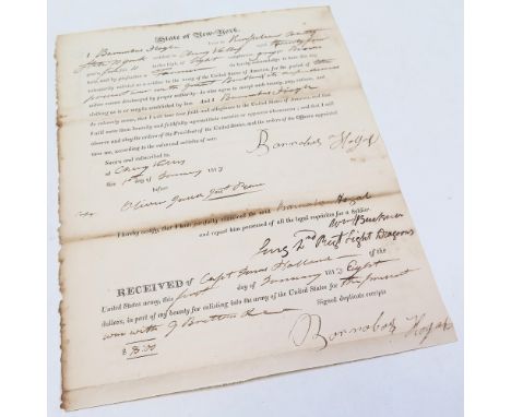US Army State of New York enrollment letter for Barnubus Hoyle, dated 1st January 1813 (2nd Regiment Light Dragoons)