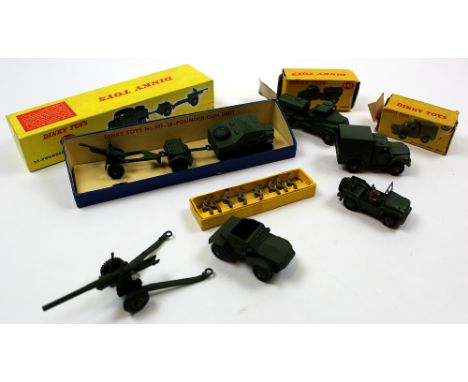 Dinky. Three boxed Dinky Toys, comprising 697 25-Pounder Field Gun Set ; 641 Army 1-Ton Cargo Truck ; 643 Army Water Tanker, 