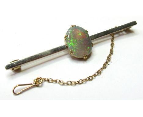 15ct Gold Large Oval Opal set Bar Brooch with safety chain weight 3.8 grams