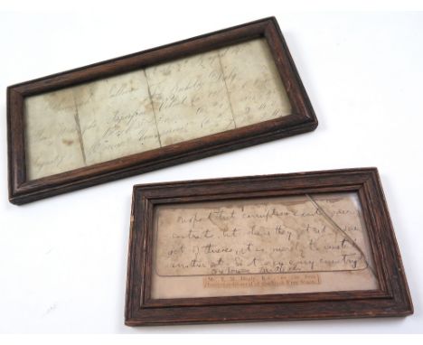 Pair of framed handwritten documents relating to Ireland, one the fragment of a letter by Irish politician T. M. Healy, first