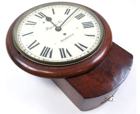 Large mahogany wall clock, with 'Payne & Son, Harwich' to enamel dial, circa late 19th century, a few chips, diameter 37cm ap