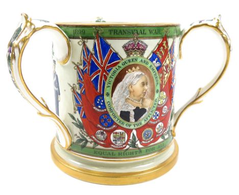 Three handled ceramic loving cup / tyg, by T. Goode & Co, (subscribers copy), Copeland, commemorating the Transvaal War 1899 