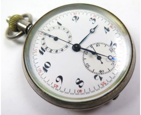 Silver open face chronometer pocket watch, the white dial with two subsidiary dials, the outer with 1/5 seconds tachometer tr