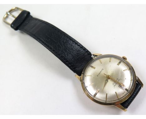 Gents 9ct gold cased "Everite" wristwatch, the silver dial with gilt baton markers and date aperture at 6 o'clock, on a leath