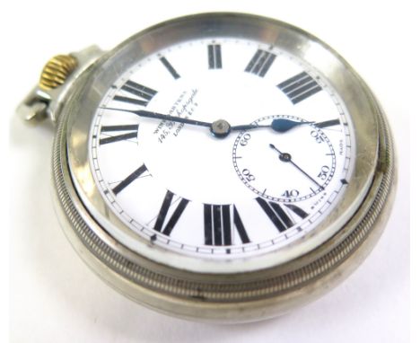 Railway chrome cased open face pocket watch, the white enamel dial having black roman numerals, bordered by a minute track, s