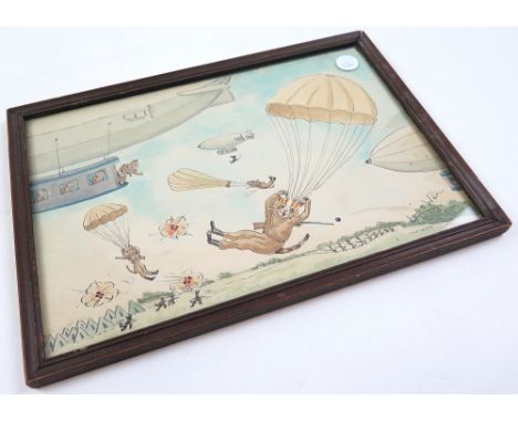 Original hand drawn colour illustration by Louis Wain depicting cats parachuting from a Zeplin, signed to lower right corner,