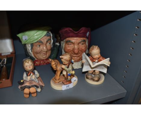 A selection of figures and figurines by Hummel Goebel and two Royal Doulton character jugs