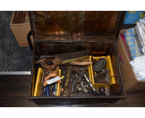 A selection of wood working and similar tools in metal chest including Record multi plane rebator and similar
