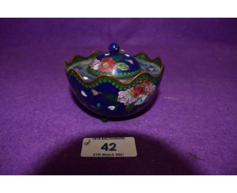 A cloissone enamel decorated korro decorated with peonies having three footed base AF with slight knock to base and missing l