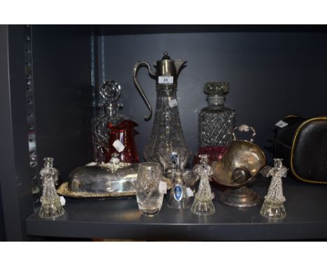 A selection of plated wares and clear cut crystal glass wares including claret jug and Royal Doulton decanter