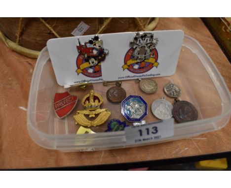 A selection of enamel and similar pin badges including religious and Disney interest