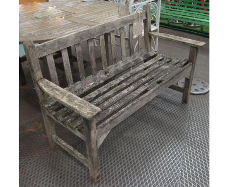 GARDEN BENCH, slatted, weathered, on square supports, 127cm L. 