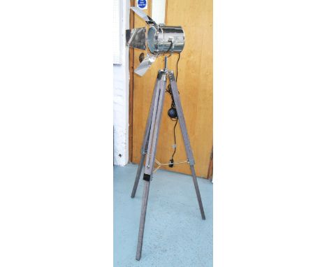 STUDIO LAMP, plated metal on adjustable tripod stand with electric leads and switch, 140cm H.