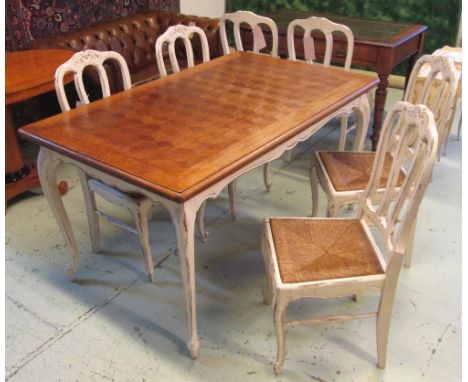 DINING TABLE, Louis XV style oak parquetry with natural top with draw end leaves on a base with cabriole supports in a cream 