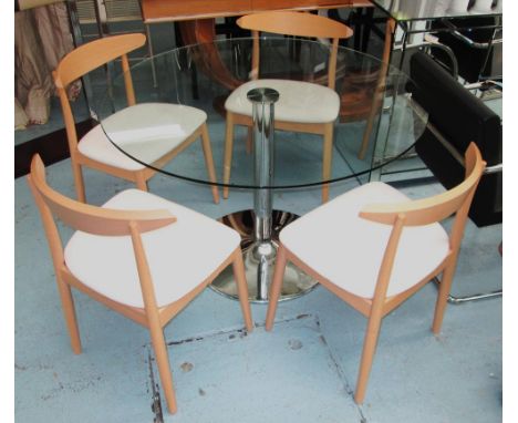 DINING TABLE, the circular glass top on a polished metal base and four wooden chairs, 110cm x 75cm H. (5) (with faults)