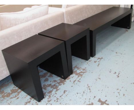 ARMANI CASA BEDSIDE TABLES, in black, each 50cm W x 50cm D x 50cm H, and a long bench to match, 44cm D x 46cm H x 150cm W. (3