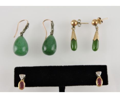 A pair of diamond and ruby drop earrings, set in yellow metal stamped 375, 1.3g; together with two pair of jade drop earrings