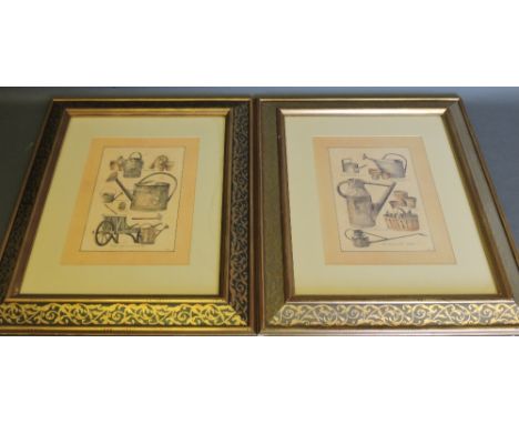 L. David, Watering Cans and Garden Implements, lithograph, 35 x 25cm, together with another similar, (2)