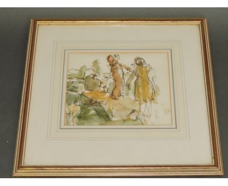 Roland Batchelor (1889 - 1990), Figures at a Pub, sketch, watercolour signed with initials lower right, 17 x 21cm.