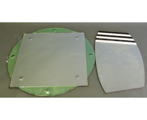 An Art Deco style wall mirror, the central square plate with green crescent margin plates, W. 75cm, together with another wal