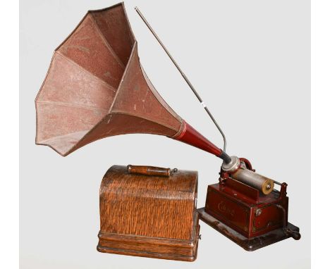 A Red Edison GEM Phonograph Ser. No. 3197470, with Model R 4-minute reproducer, red finished body with black and gilt transfe