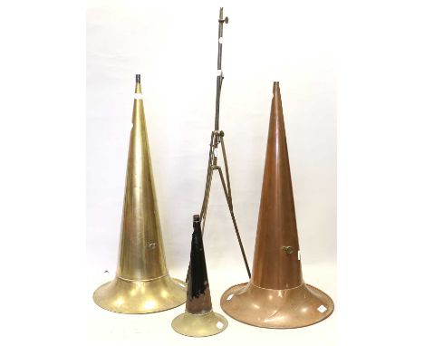 Phonograph Horns and Crane an adjustable floor-standing crane with hinged half-ring top and chain; with a 31-inch length bras