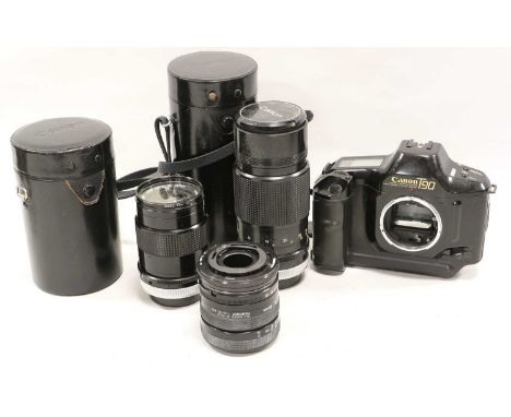 Canon T90 Camera with Canon FD f4 200mm lens (fungus clearly visible), Canon FD f3.5 135mm lenses; and a Tamron 28-70mm Tele-