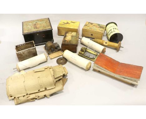 A Large Quantity Of Small Musical Boxes, Manivelles, Cases and Parts Including a pictorial composition tortoiseshell box with