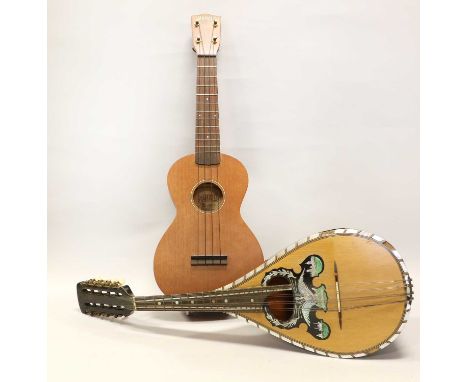 Mandolin Bowl Back Construction inlayed pattern around sound hole depicting eagle, boat and castle, in cloth case; together w