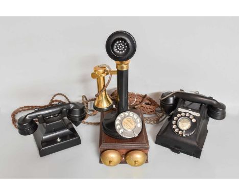 Telephones candlestick phone with dial,  312L6 in black with extension phone and a wooden bell box (4)