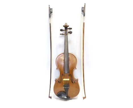 Violin 14" two piece back, ebony fingerboard, no label, stamped under button 'Dearlove Maker Leeds', cased with two bows one 