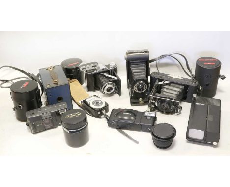 Various Cameras And Lenses including three folding cameras; lenses: Ohnar f5.6 300mm mirror, Itorex close-up zoom attachment 