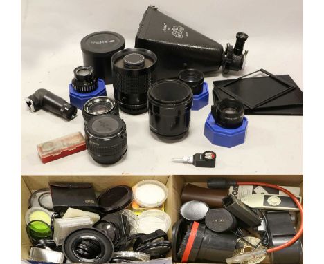 Various Lenses And Accessories including Tokina f8 500mm mirror lens; Micro Nikkor f2.8 55mm lens; Fuji f2.2 55mm lens; two p