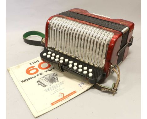 Button Accordion 10 treble buttons, three bass, two pull switches, 'R J Ward &amp; Sons Liverpool Warranted Steel Reeds'; tog