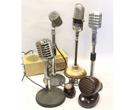 Various Microphones Mercury Model 611, Astatic Company Model DN-H2, JSH GM55, Aiwa Dynamic Microphone DM51 (boxed), two Bakel