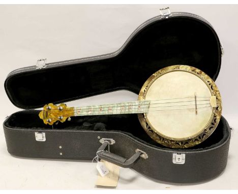 Banjolele  8" head, 17 frets, 12 lugs, detachable resonator, face of headstock reads 'Banner Blue', with pearloid veneer to f