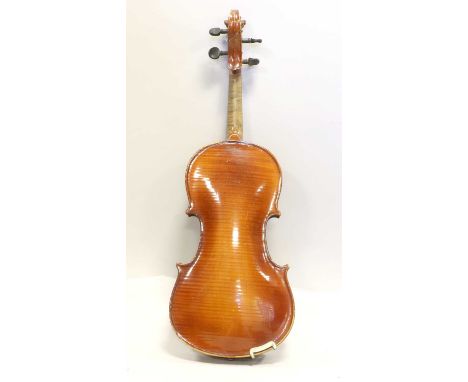 Violin 14 1/4" one piece back, ebony fingerboard, no label, stamped on back under button 'Sampo', with bow