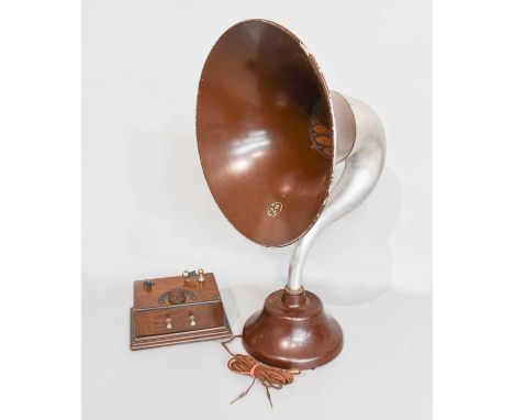 An Early Wireless Crystal Set with open detector and arc-scale tuning, in wooden case; with a size B BTH horn speaker with dr