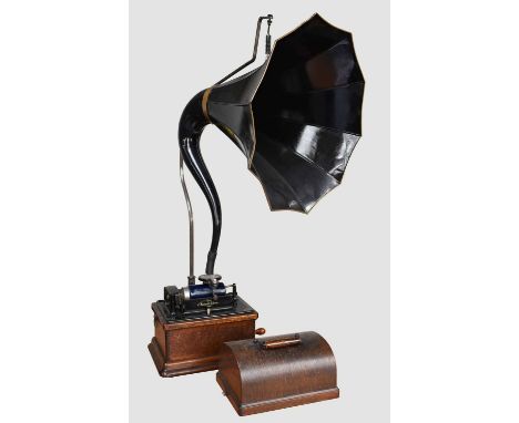 An Edison Combination Fireside Phonograph Model A., No. 92582, with crane and repainted cygnet horn, in oak case with bentwoo