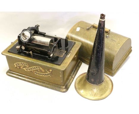 An Edison Standard Phonograph Ser. No. S114696, with last patent date to 1898, with Model C reproducer, in green oak case wit