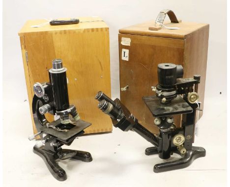 Watson & Son Binocular Microscope inverted with four lens turret, black lacquered finish cased with accessories; together wit