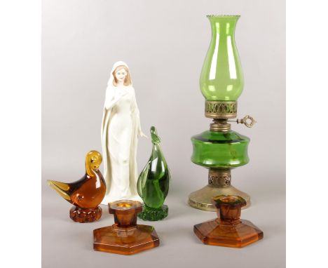 A quantity of miscellaneous. Regal Celebration 2000 limited edition figure, pair of glass candlesticks, Glass oil lamp etc  d